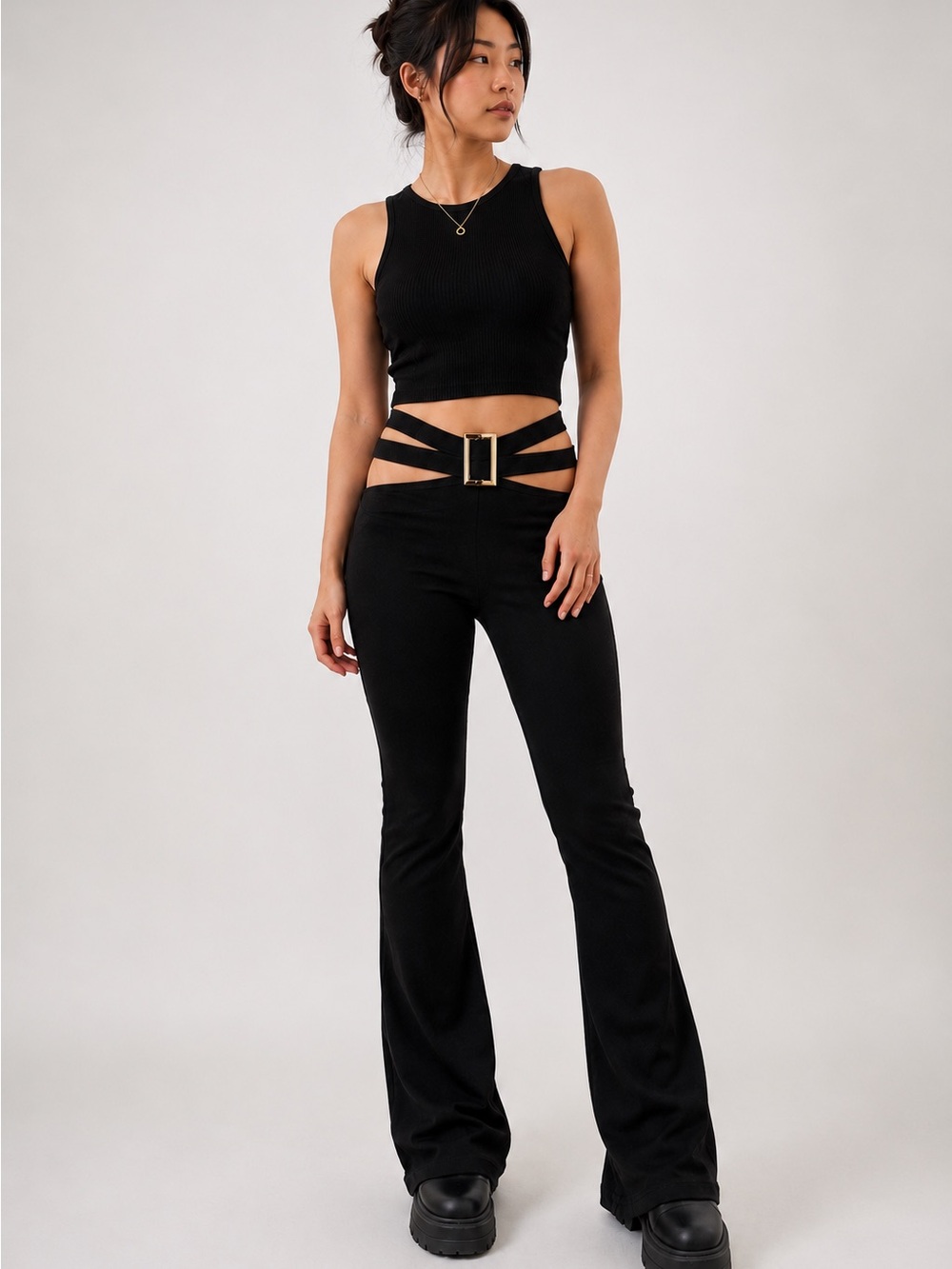 Outcast Black Strappy Buckle Cutout Low Rise Flare Pants Y2K Festival Clubwear S